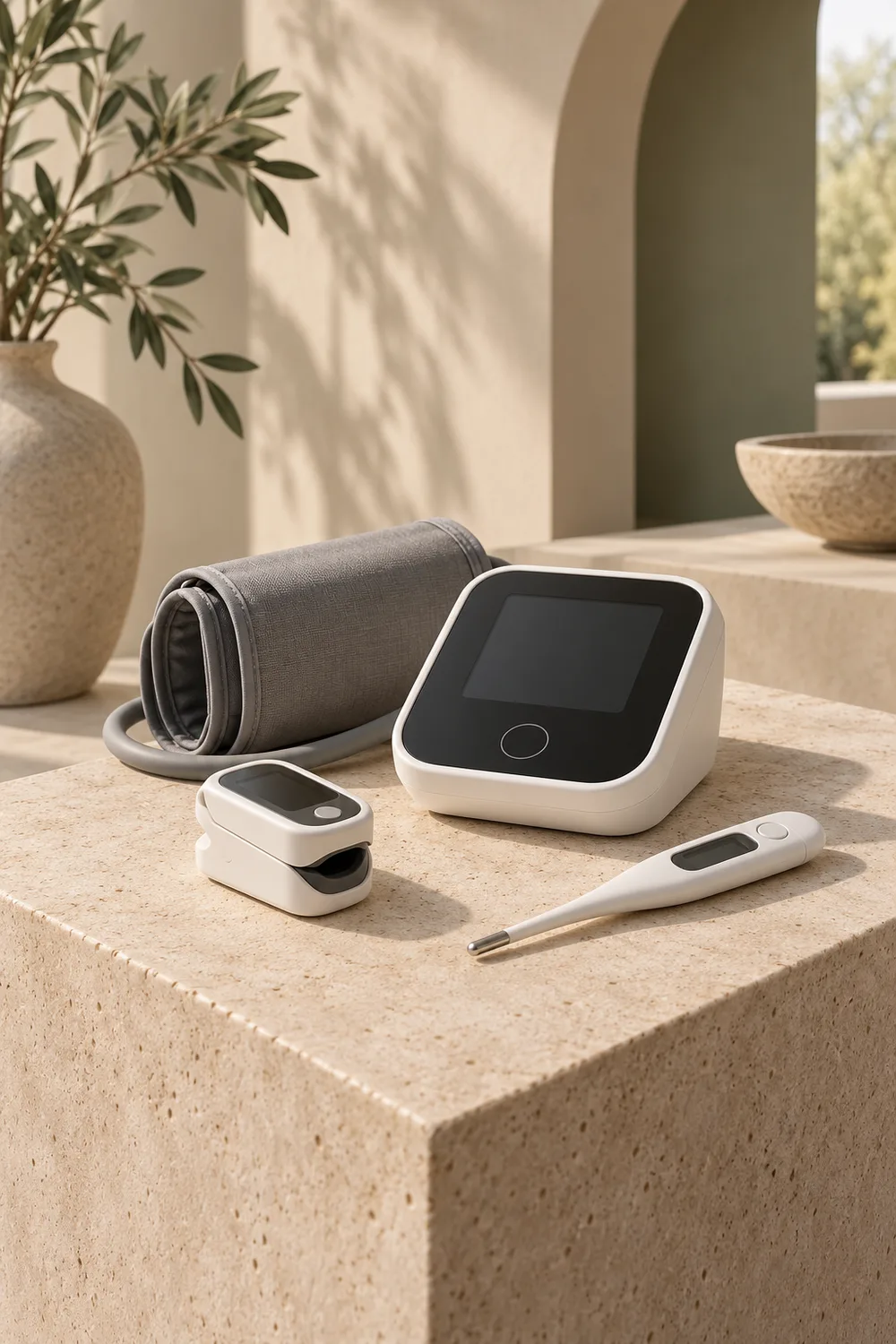 Home blood pressure monitor, oximeter and thermometer on a stone pedestal