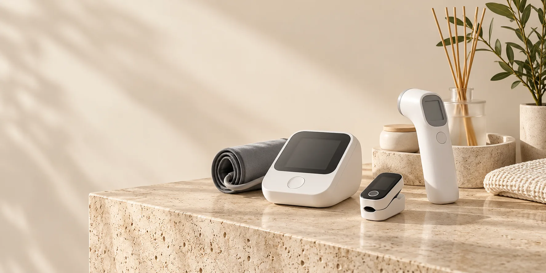 Contemporary home health devices arranged on a stone surface